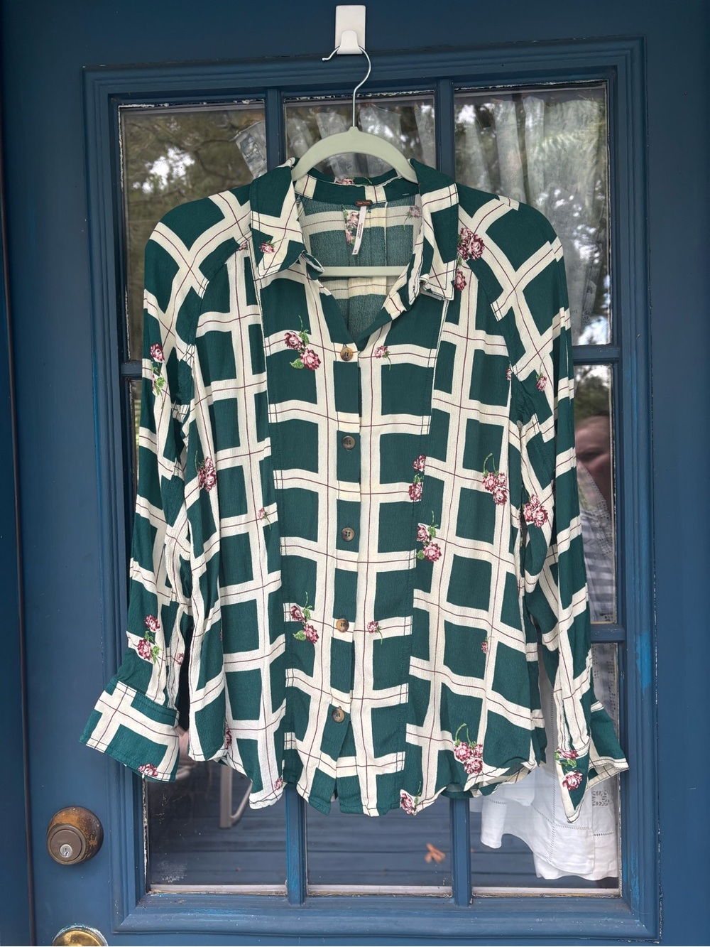 Free People Teal and Cream Floral Grid Shirt - Picture 1 of 5